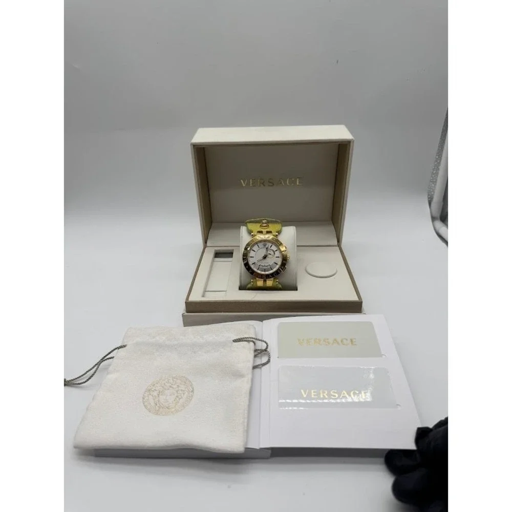 Versace GMT & Alarm Gold Tone Watch Lime Green Leather Strap Medusa Swiss Made